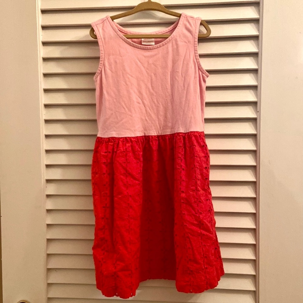 EUC Hanna Andersson Girl Sleeveless Pink Red Eyelet Dress size 6-7 / 120cm